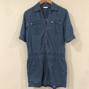 New York & Company Women M Romper Blue Denim Roll Tab Drawstring Pockets Cotton